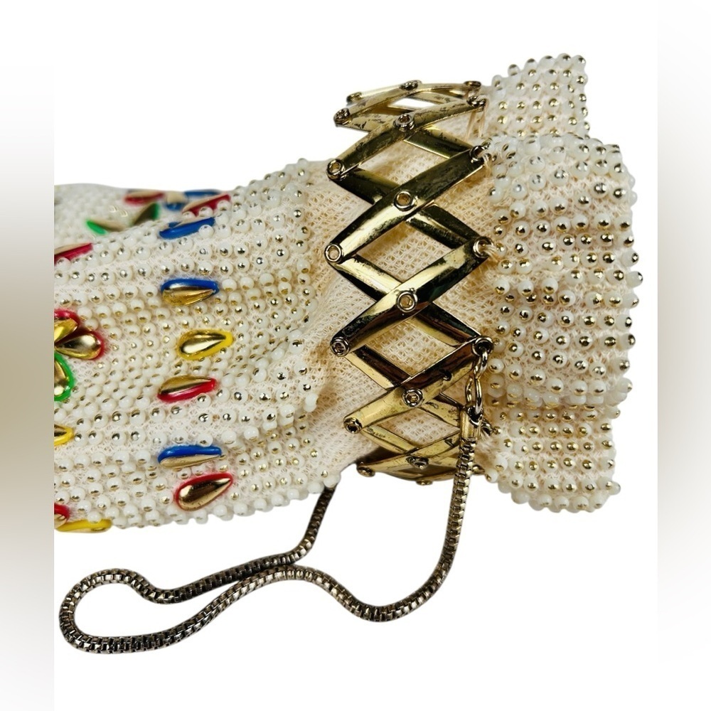 Vintage beaded & bejewelled evening bag, metal retractable closure, chain straps - Picture 11 of 13